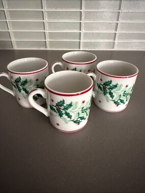 Neiman Marcus White Ceramic Mugs with Green Holly & Red Trim - Set of 4